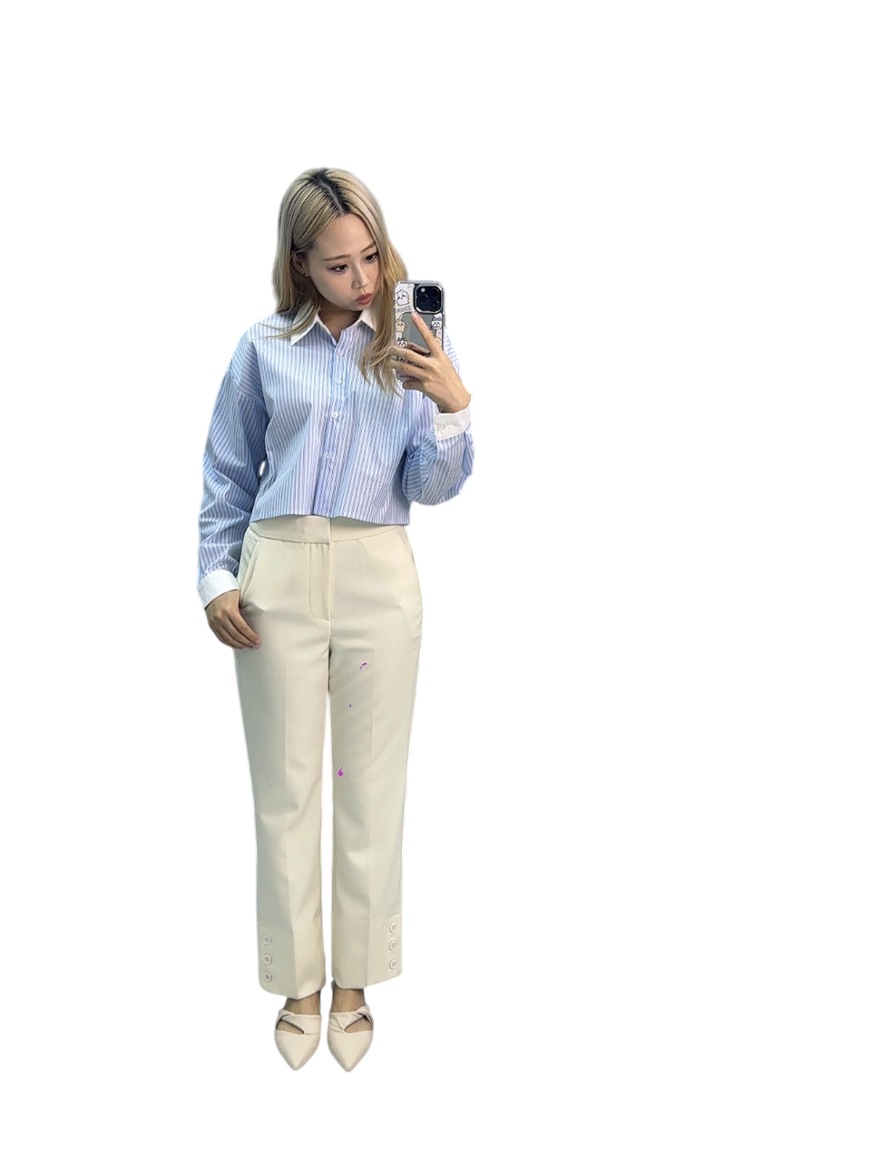 Blue and White Striped Shirt with Beige High-Waist Pants - Minimal Chic Set