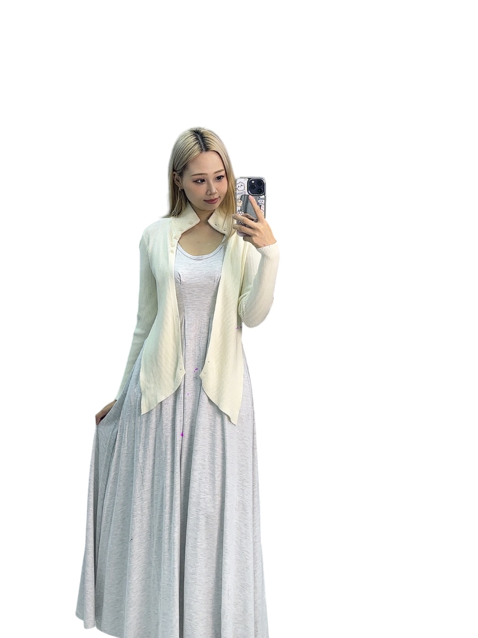 Gray Maxi Dress with Beige Cardigan - Soft and Elegant Autumn Look