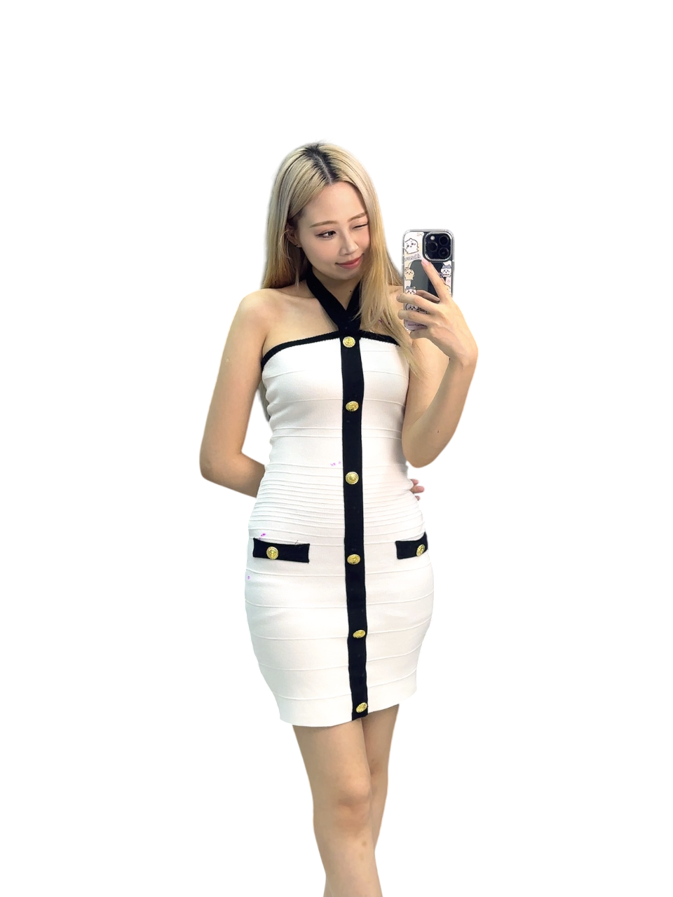 Stylish White Bodycon Dress - Elegant Black & Gold Design